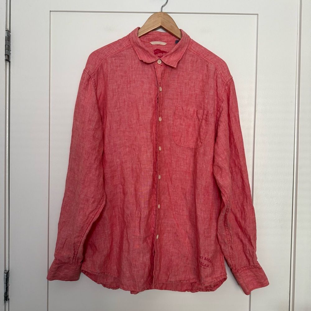 Tommy Bahama Shirt Mens XL Pink Salmon Relaxed Fit Long Sleeve 100% Linen Resort